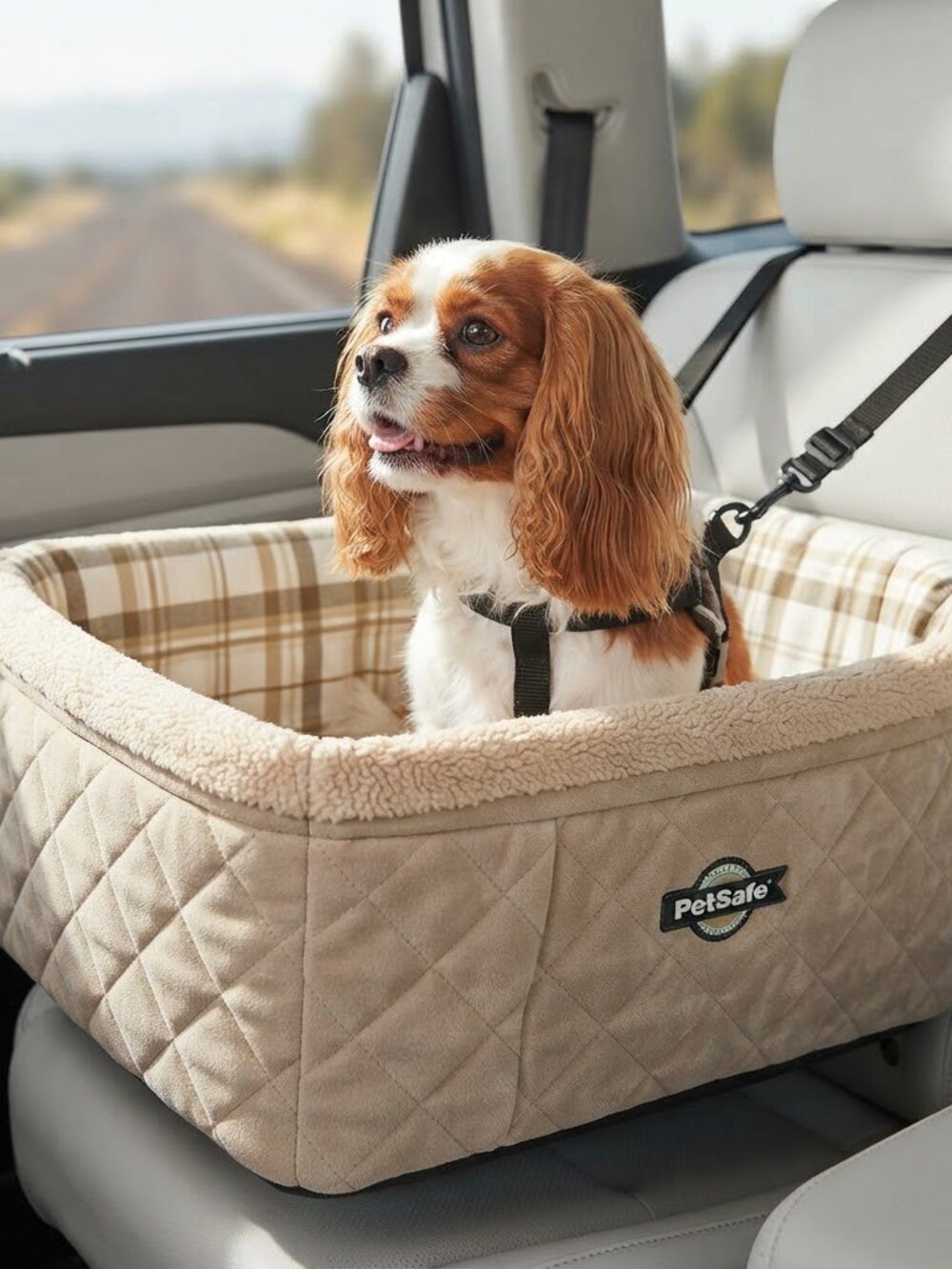 PetSafe Happy Ride Quilted Dog Booster Seat Tan Plaid Fleece Small Pet Car Seat